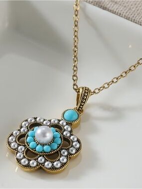 Gold-Tone Turquoise & Pearl Floral Pendant Necklace
